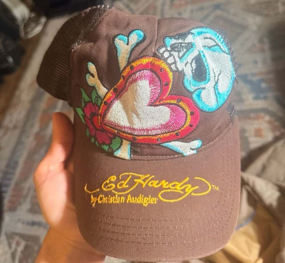 Ed Hardy Love Kills Slowly Trucker Hat Brown Skull Embroidered Y2K